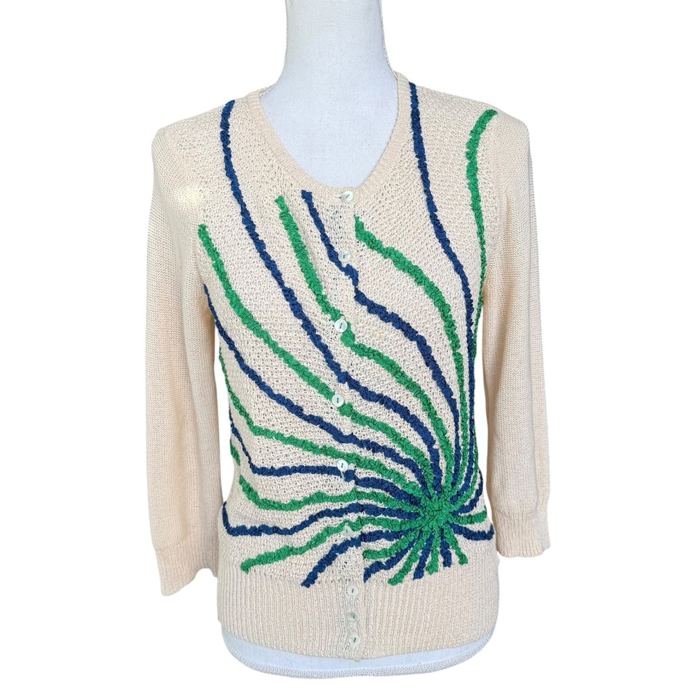 Field Flower Anthropologie Cardigan Cream Green Blue Sunburst Knit Sweater M